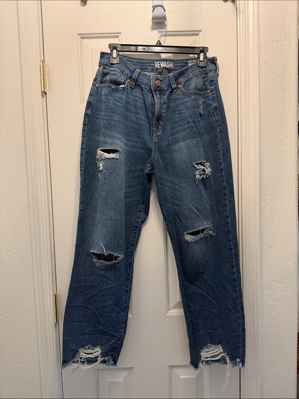 Rewash Women's Distressed High Rise Vintage Reunion  Jeans - Dark Blue